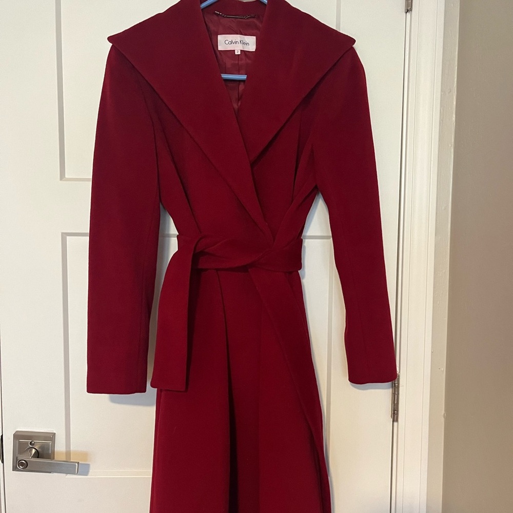 Deep red angora/wool Calvin Klein coat.